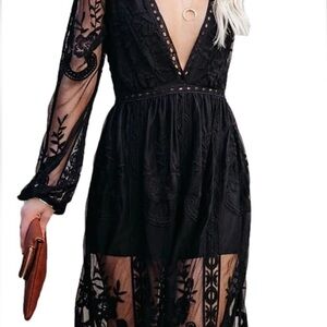 Black Lace Plunge Maxi Dress